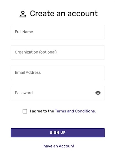 A screenshot of the InfinyOn new account form, with Name, Organization, Email, and Password fields